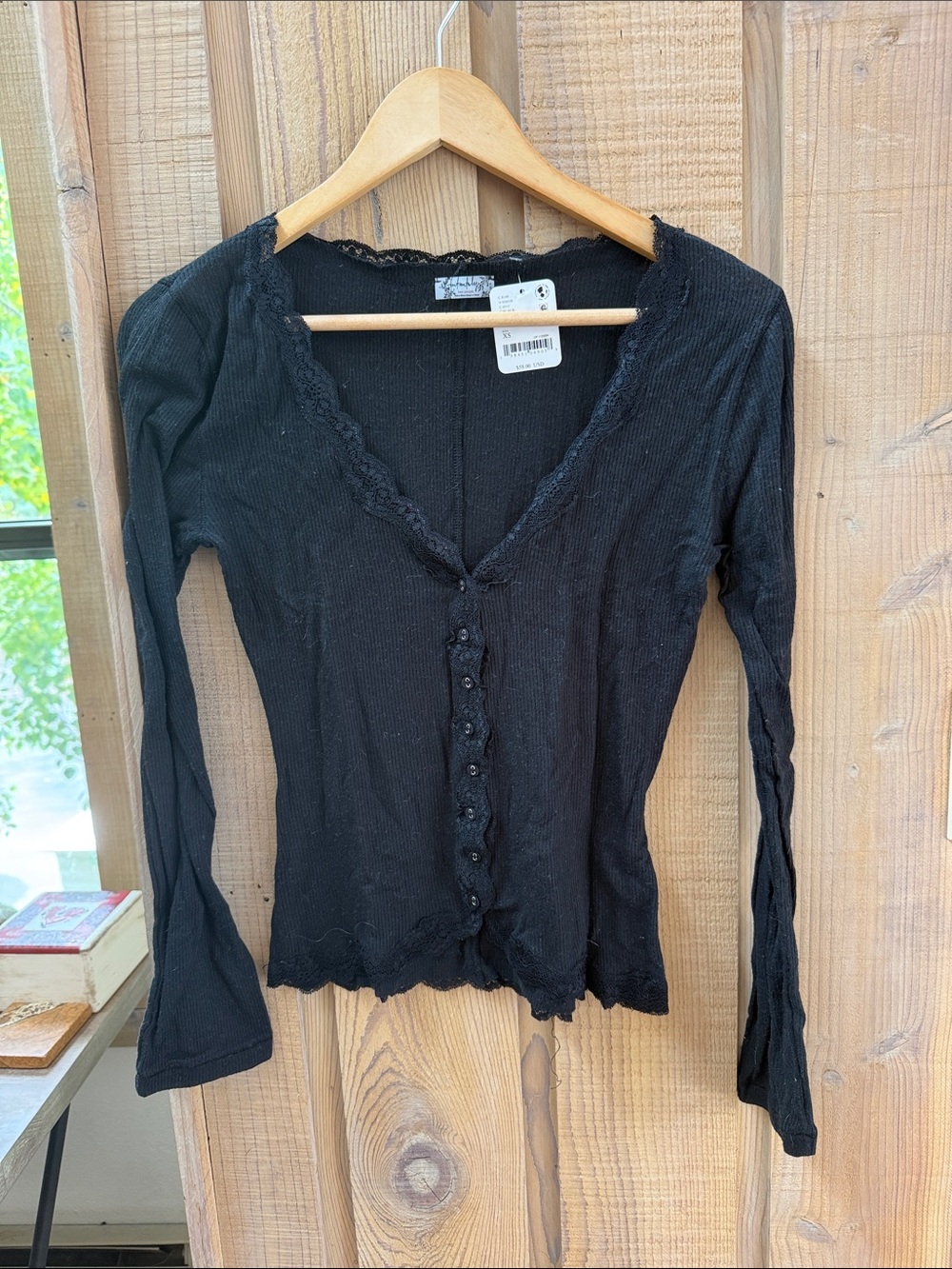 Free People Black Lace-Trim Button-Front Ribbed Top